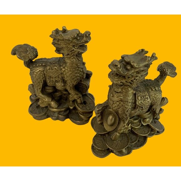VTG Brass FengShui Foo Dogs Pair Dragon Figures Pi Xiu Figurines Lucky 3" 7892 - Picture 1 of 11